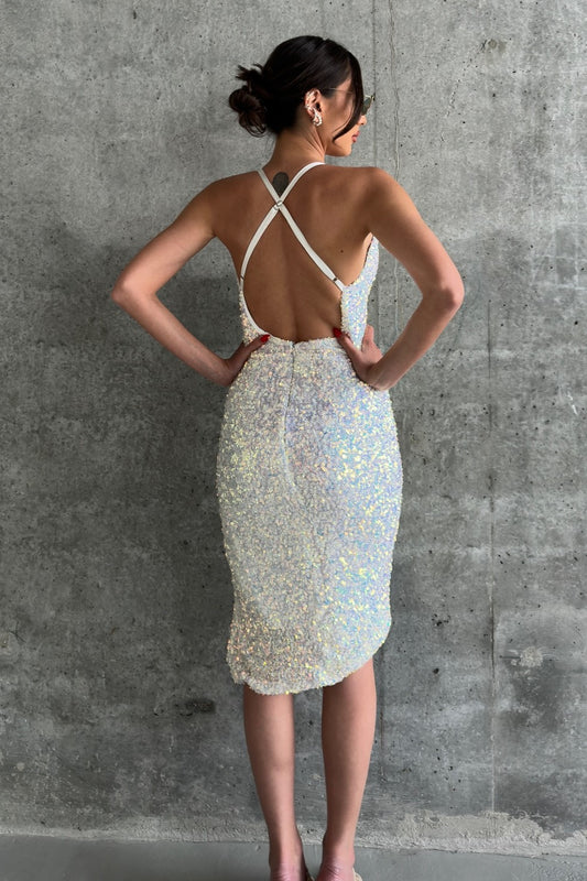 שמלת כתפיות פייטים מולי - לבן