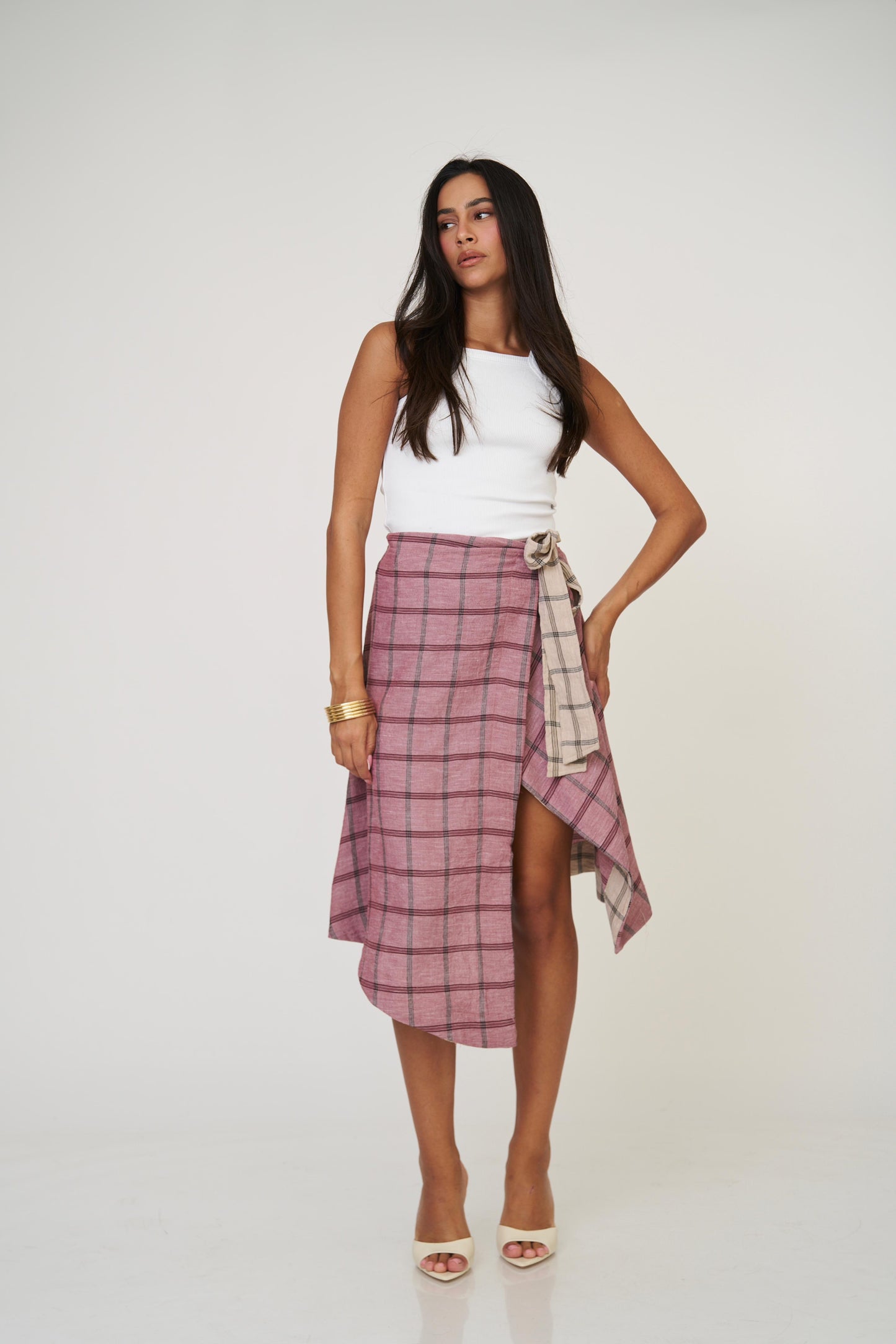 חצאית אנה משבצות - בז