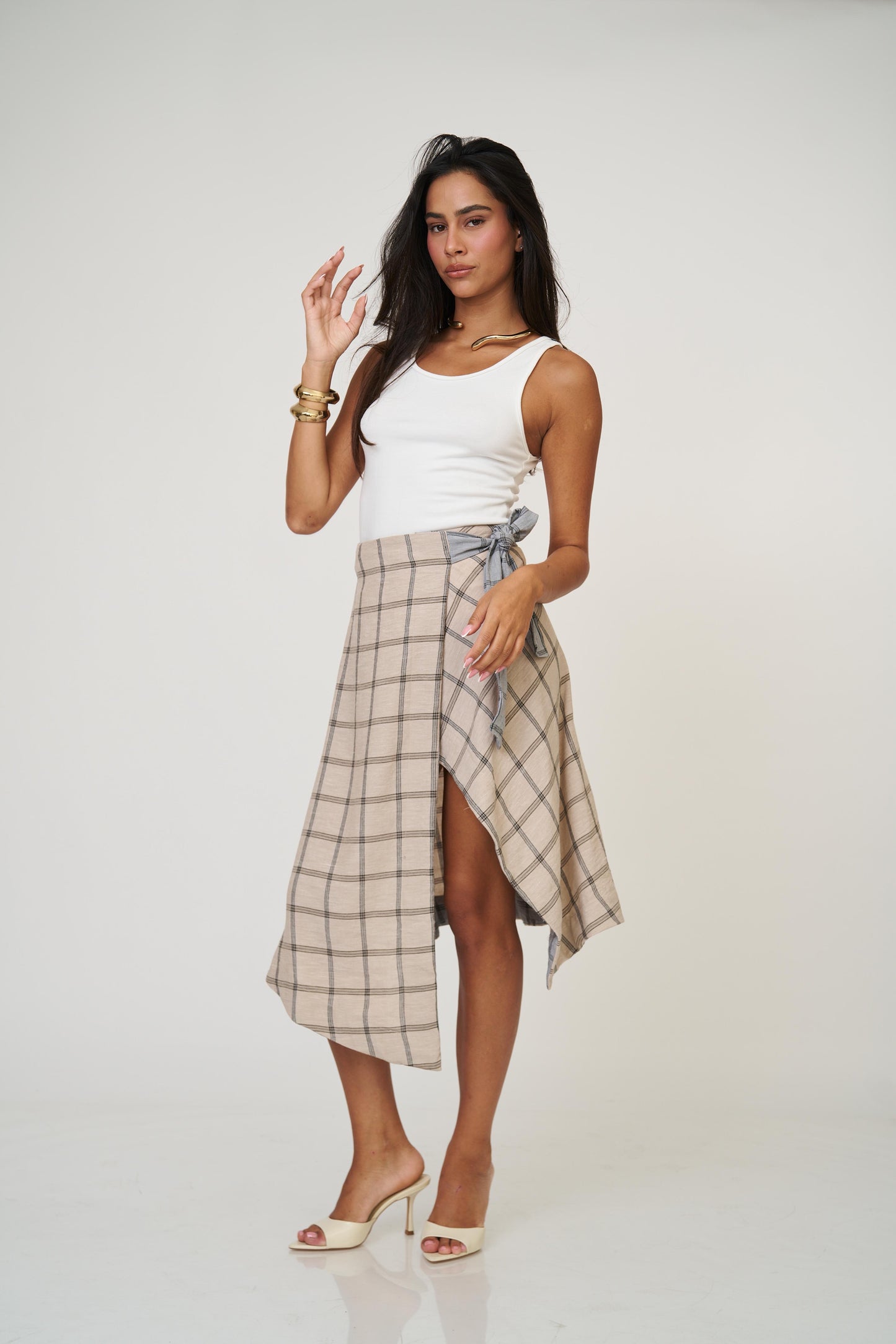 חצאית אנה משבצות - בז