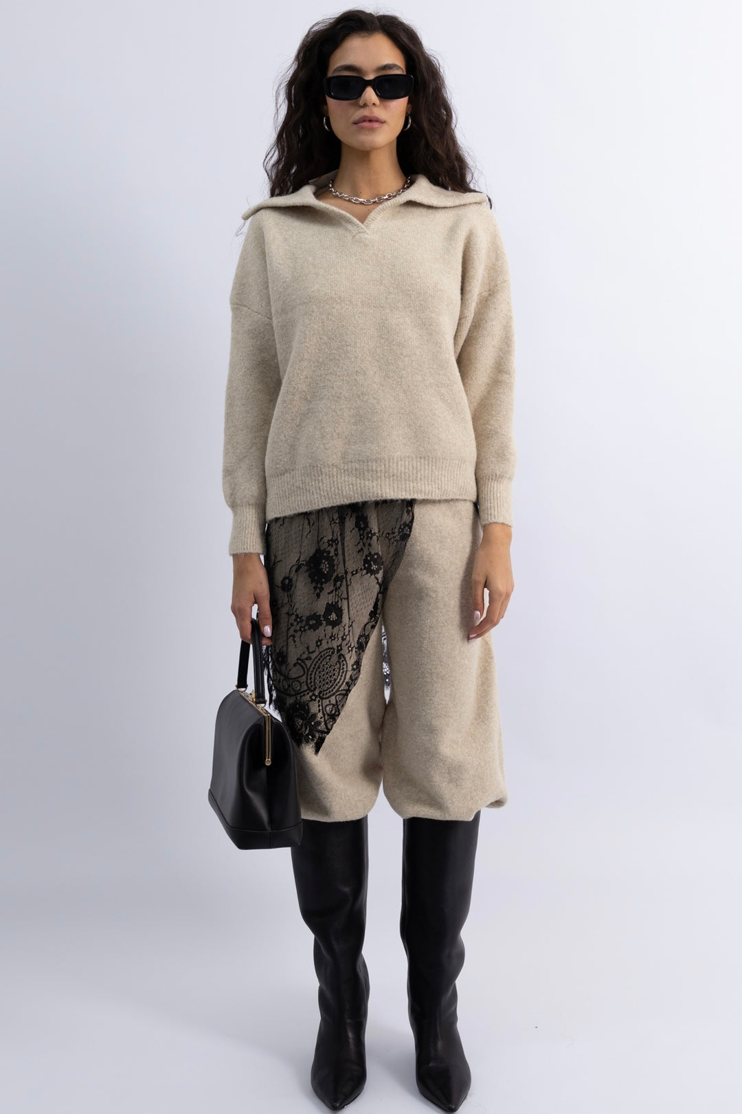 חצאית לונה תחרה - שחור