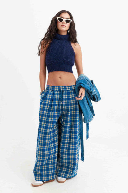 מכנסי סטיב משובצים - כחול