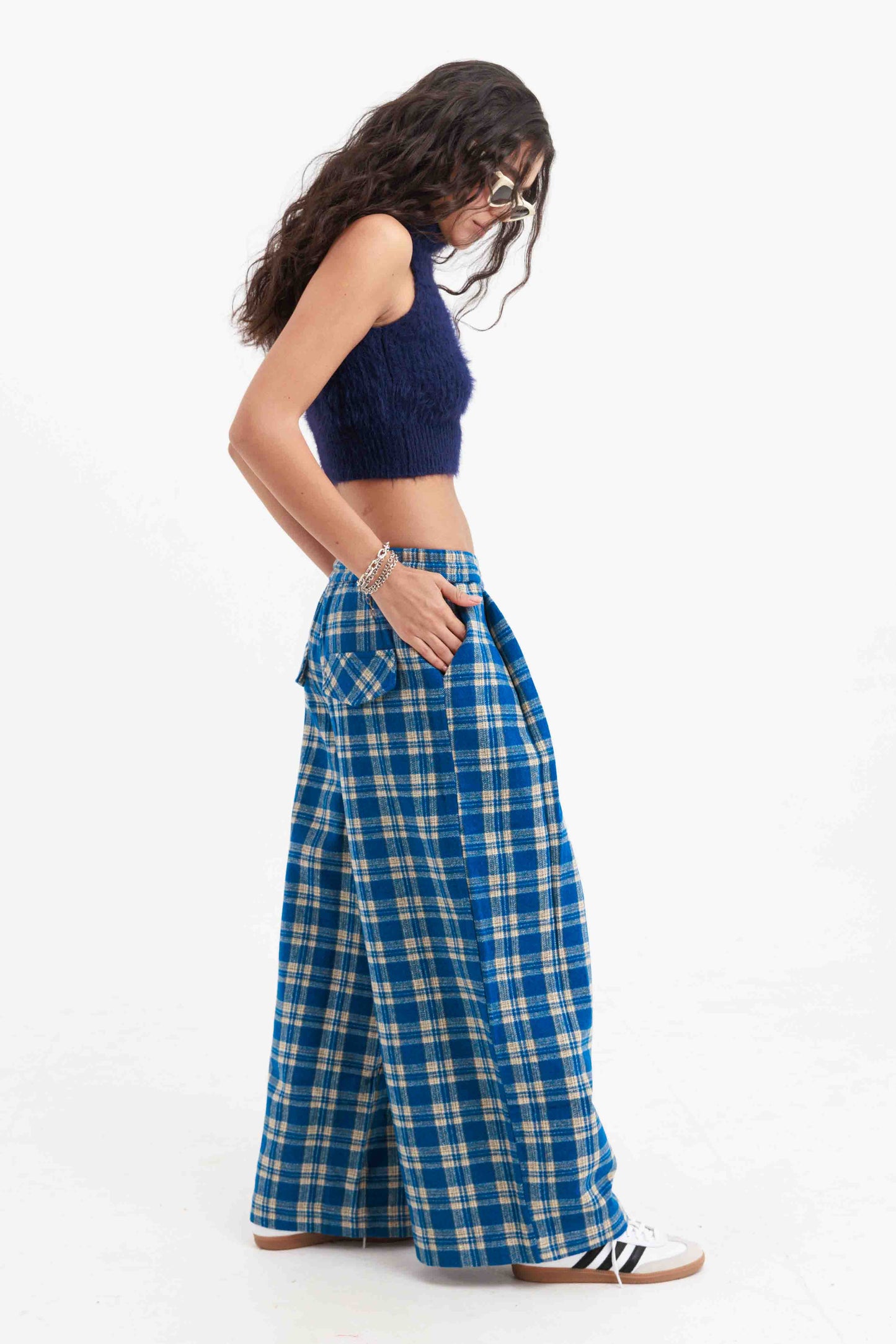 מכנסי סטיב משובצים - כחול