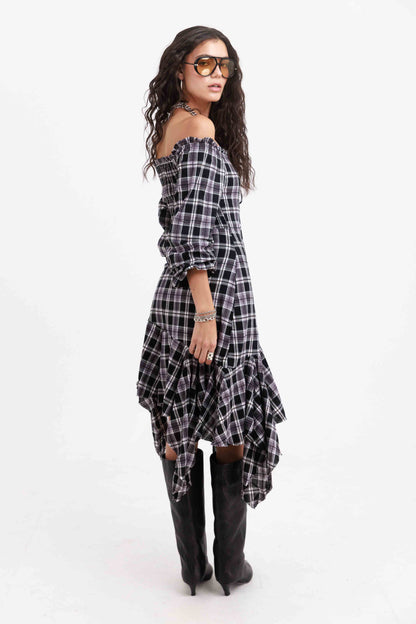 שמלת אדריאנה משבצות - שחור