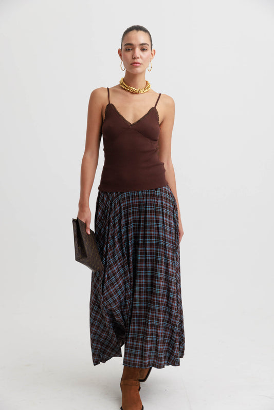 חצאית משבצות שיילי- חום תכלת