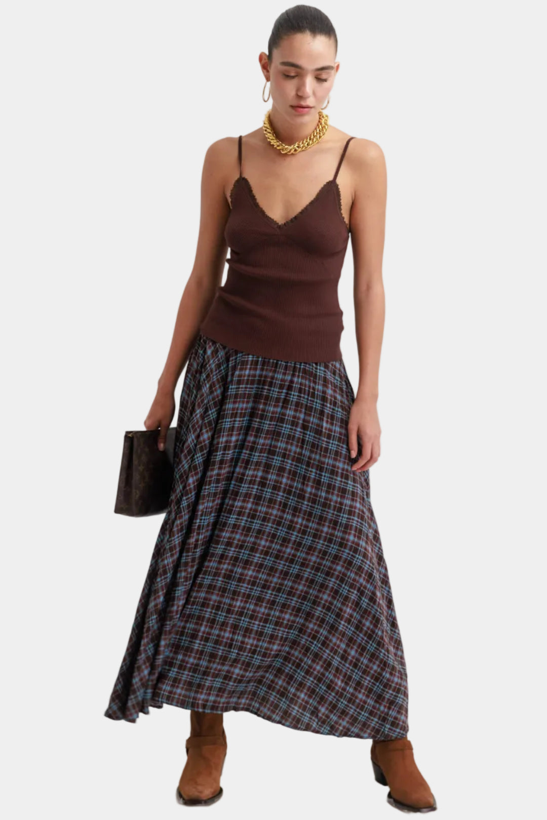 חצאית משבצות שיילי- חום תכלת