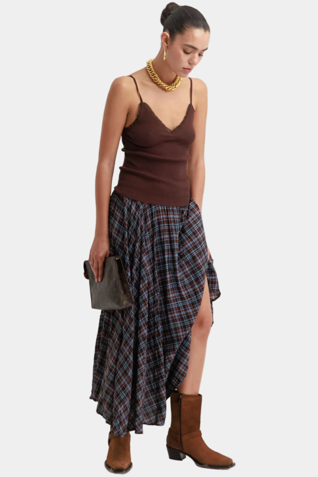 חצאית משבצות שיילי- חום תכלת