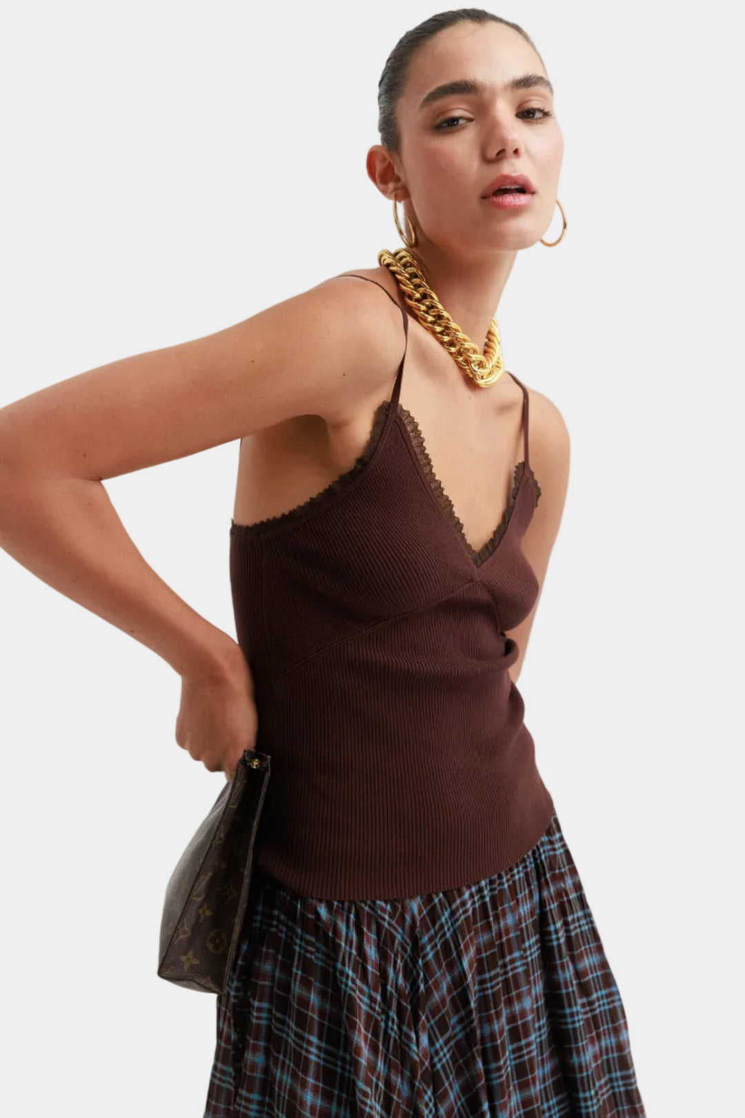 חצאית משבצות שיילי- חום תכלת