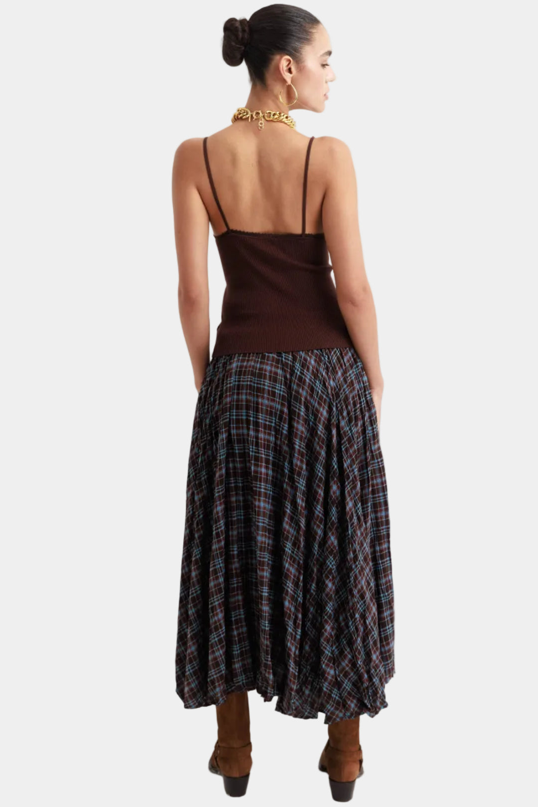 חצאית משבצות שיילי- חום תכלת