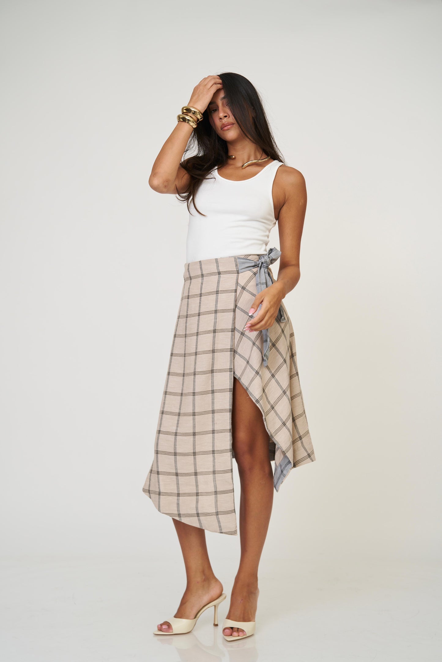 חצאית אנה משבצות - בז